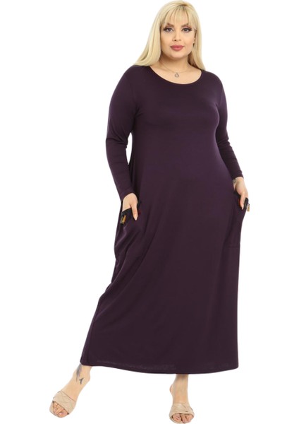 Butik Püsküllü Cepli Kadın Uzun Kollu Mor Tesettür Elbise