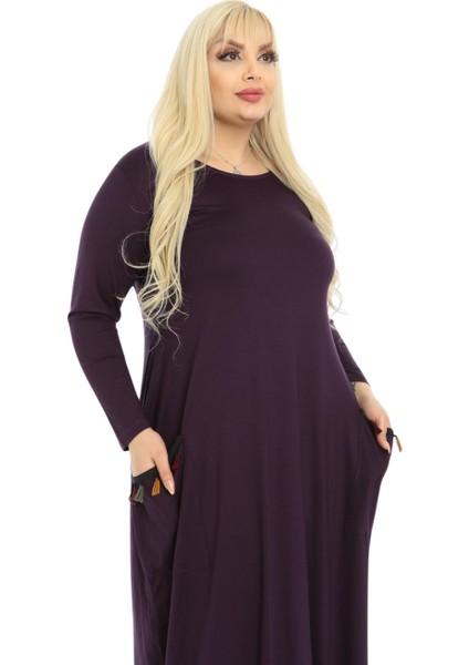 Butik Püsküllü Cepli Kadın Uzun Kollu Mor Tesettür Elbise