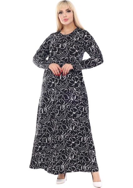 Butik Yumoş Kumaş Siyah Çiçek Desen Uzun Kollu Kadın Tesettür Elbise