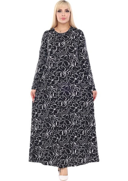 Butik Yumoş Kumaş Siyah Çiçek Desen Uzun Kollu Kadın Tesettür Elbise fiyatları