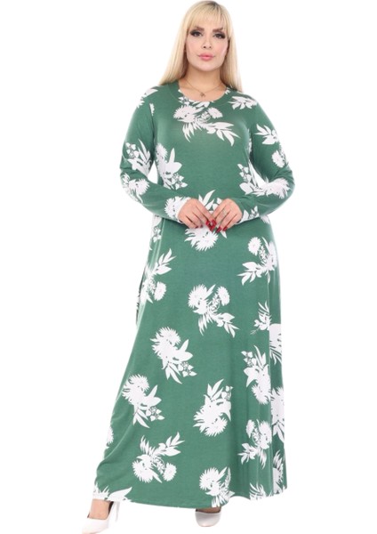 Butik Yumoş Kumaş Yeşil Beyaz Yaprak Desen Uzun Kollu Kadın Tesettür Elbise