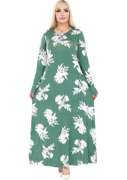 Butik Yumoş Kumaş Yeşil Beyaz Yaprak Desen Uzun Kollu Kadın Tesettür Elbise fiyatları