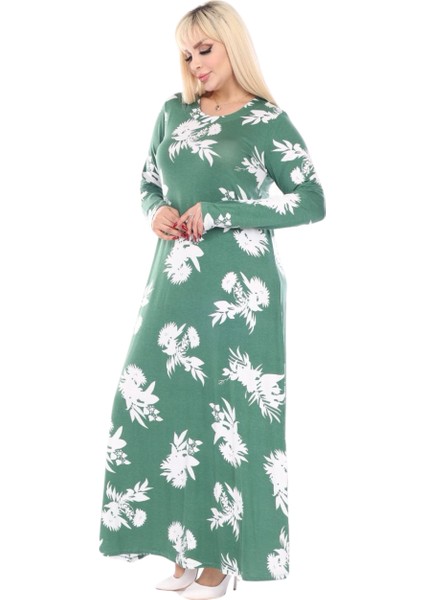 Butik Yumoş Kumaş Yeşil Beyaz Yaprak Desen Uzun Kollu Kadın Tesettür Elbise modelleri