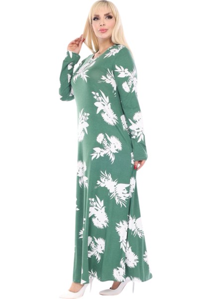 Butik Yumoş Kumaş Yeşil Beyaz Yaprak Desen Uzun Kollu Kadın Tesettür Elbise fırsatları