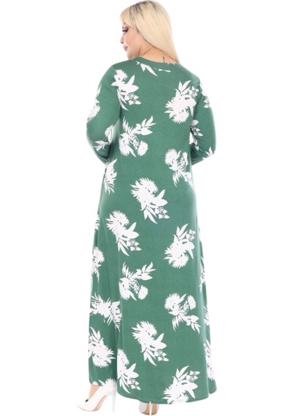 Butik Yumoş Kumaş Yeşil Beyaz Yaprak Desen Uzun Kollu Kadın Tesettür Elbise indirimleri