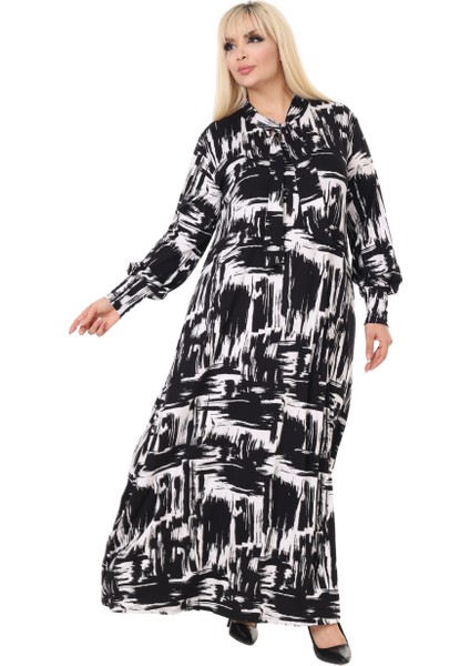 Butik Fularlı Beyaz Fırça Desen Uzun Kollu Büyük Beden Kadın Elbise