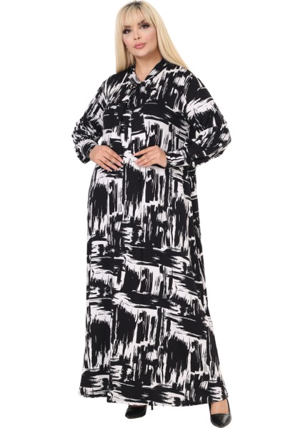 Butik Fularlı Beyaz Fırça Desen Uzun Kollu Büyük Beden Kadın Elbise modelleri