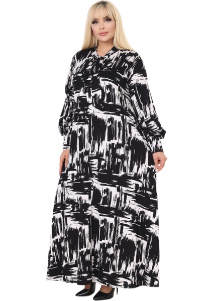 Butik Fularlı Beyaz Fırça Desen Uzun Kollu Büyük Beden Kadın Elbise fırsatları