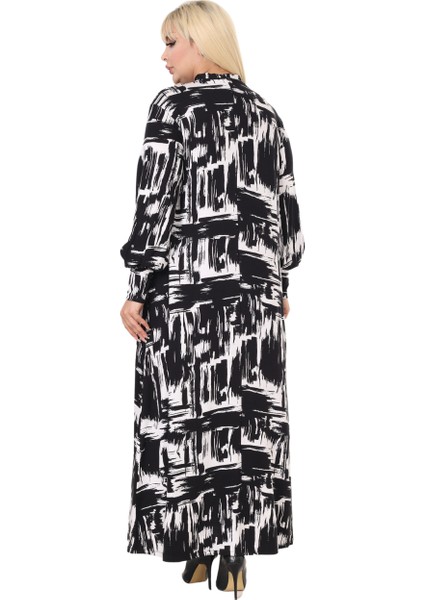 Butik Fularlı Beyaz Fırça Desen Uzun Kollu Büyük Beden Kadın Elbise indirimleri