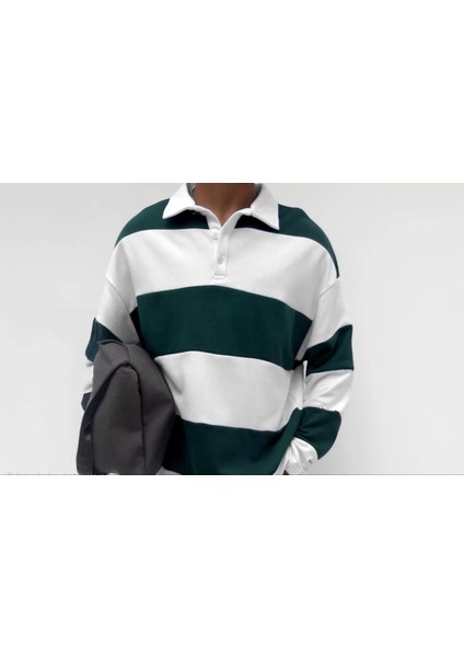 Unisex Üç Iplik Parçalı Yakalı Sweatshirt - Yeşil