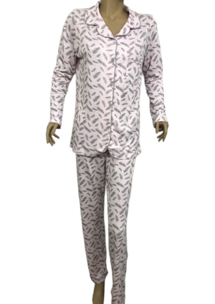14301-NENA Kadın Önden Açık Orta Kalın Pijama Takımı-Pembe