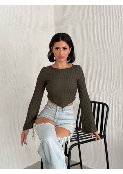 Desenli Ispanyol Kol Crop Bluz