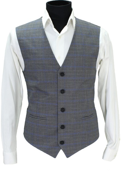 Erkek Yelek V Yaka Gri Ekose 50637