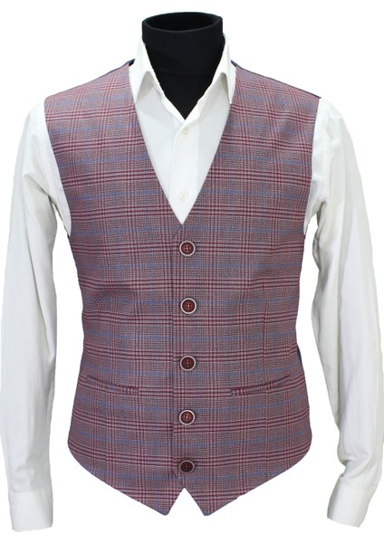 Erkek Yelek V Yaka Kırmızı Ekose 50670