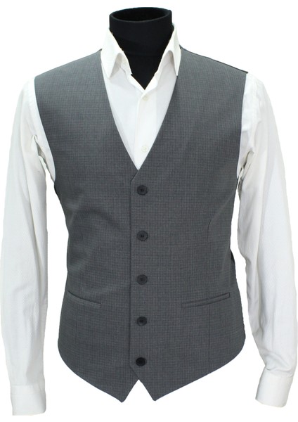 Erkek Yelek V Yaka Gri Ekose 50643