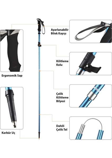 Trekking Hafif Katlanabilir 105-125CM Dağcı Doğa Kamp Yürüyüş Tırmanma Batonu