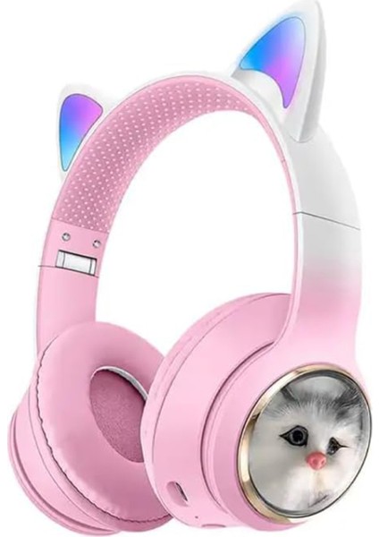 Kız Çocuk Pembe Renk Kedi Kulaklıklı Kulak Üstü Kulaklık Hediyelik Renkli Işıklı Kablosuz Kulaklık