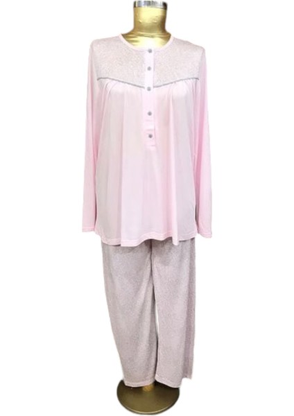 -14083-Kadın Uzun Kollu Patlı İnce % 100 Pamuk Pijama TAKIMI-14083