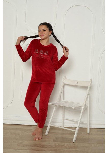 Yeni Sezon Trend Model Kadife Kız Çocuk Pijama Takımı 5990-BORDO