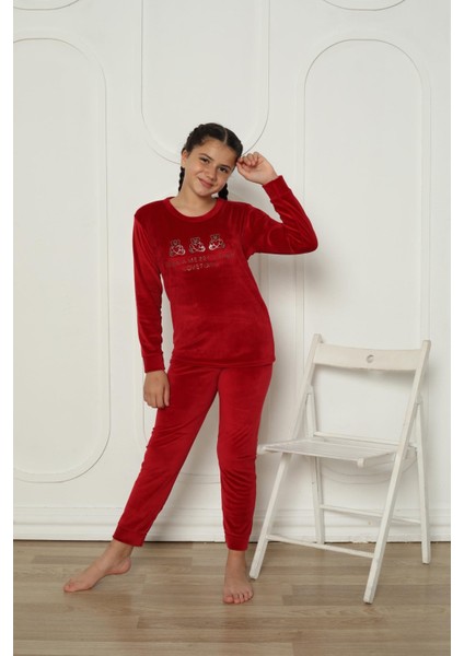 Yeni Sezon Trend Model Kadife Kız Çocuk Pijama Takımı 5990-BORDO