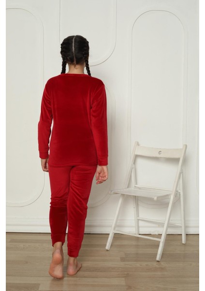 Yeni Sezon Trend Model Kadife Kız Çocuk Pijama Takımı 5990-BORDO