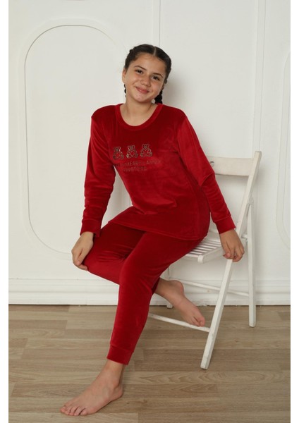 Yeni Sezon Trend Model Kadife Kız Çocuk Pijama Takımı 5990-BORDO