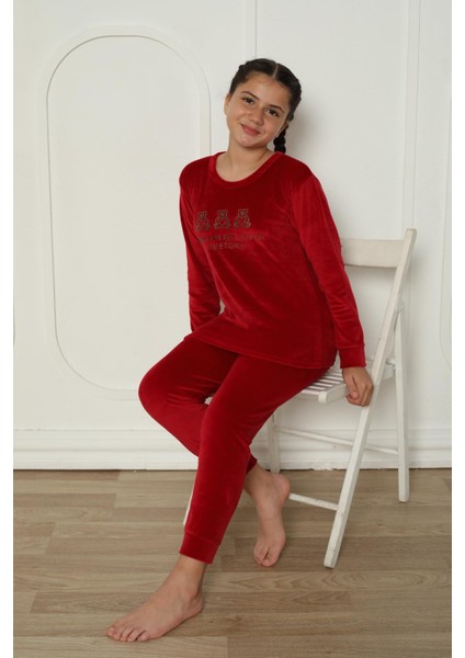 Yeni Sezon Trend Model Kadife Kız Çocuk Pijama Takımı 5990-BORDO