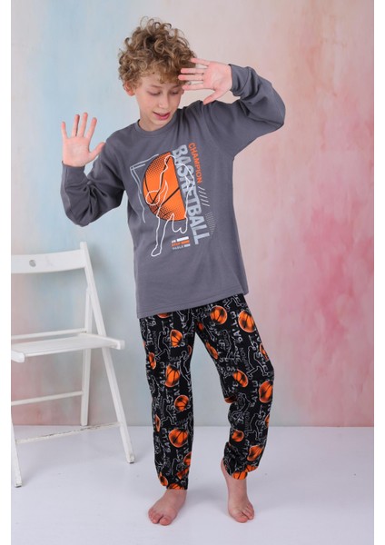 Yeni Sezon Erkek Çocuk Gez Garson Basketball Uzun Kollu Pamuk Interlok Pijama Takımı 5154-FÜME
