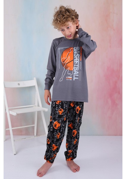 Yeni Sezon Erkek Çocuk Gez Garson Basketball Uzun Kollu Pamuk Interlok Pijama Takımı 5154-FÜME modelleri