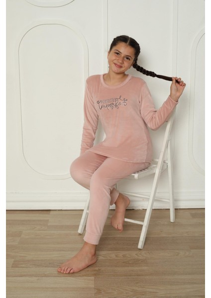 Yeni Sezon Trend Model Kadife Kız Çocuk Pijama Takımı 5990-PUDRA