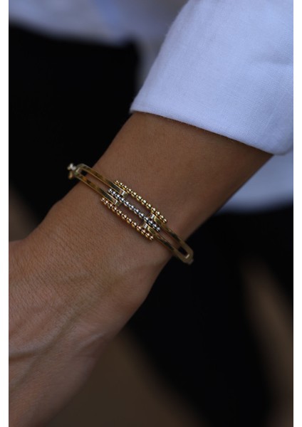 14 Ayar Altın Üç Renkli Topçuk Detaylı Kaburga Kelepçe