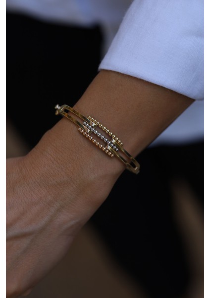 14 Ayar Altın Üç Renkli Topçuk Detaylı Kaburga Kelepçe fiyatları