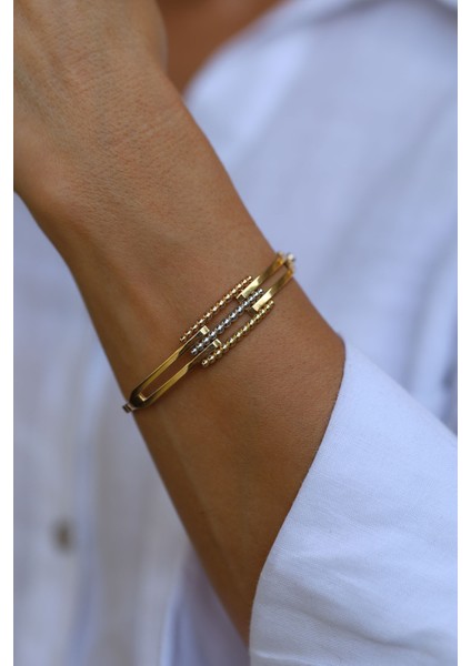 14 Ayar Altın Üç Renkli Topçuk Detaylı Kaburga Kelepçe modelleri