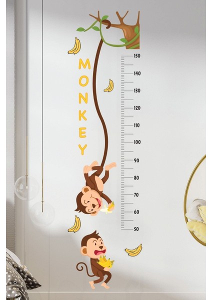 Sevimli maymun temalı çocuk odası duvar ölçer sticker, beyaz kahverengi renk seçenekleri