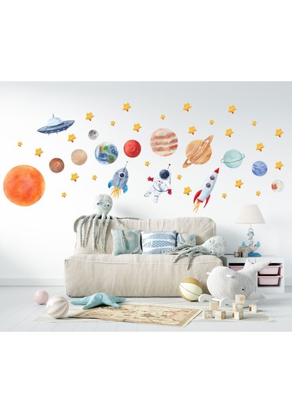 Renkli Uzay Temalı Çocuk Odası Duvar Sticker, Gezegenler, Yıldızlar ve Astronotlar