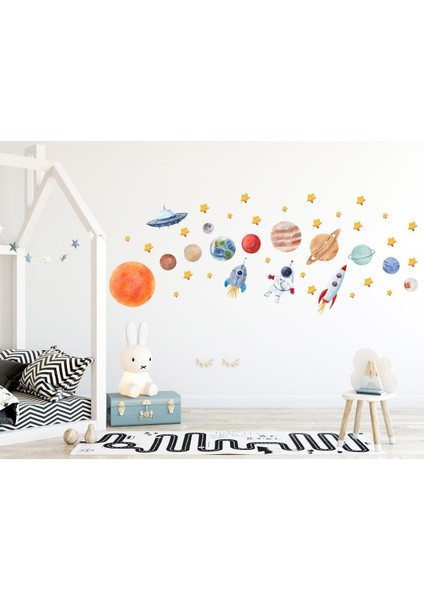 Renkli Uzay Temalı Çocuk Odası Duvar Sticker, Gezegenler, Yıldızlar ve Astronotlar modelleri