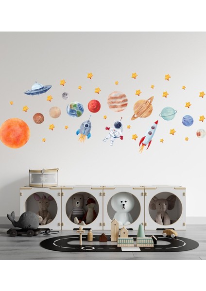 Renkli Uzay Temalı Çocuk Odası Duvar Sticker, Gezegenler, Yıldızlar ve Astronotlar indirimleri