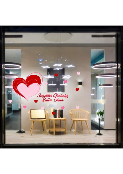 Kırmızı Çift Kalp Sevgililer Günü Kapı ve Vitrin Sticker Süsü