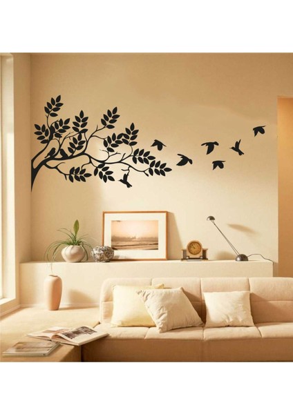 60x42 cm Çiçekli Ağaç Dalı ve Kuşlar Temalı Dekor Sticker, Siyah Renk