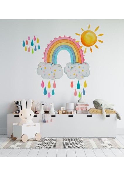 Renkli gökkuşağı ve güneş çocuk odası duvar çıkartması, neşeli ve canlı dekor seçeneği