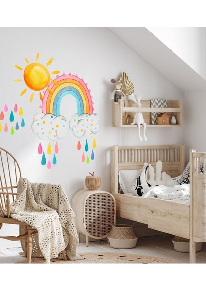 Renkli gökkuşağı ve güneş çocuk odası duvar çıkartması, neşeli ve canlı dekor seçeneği fiyatları