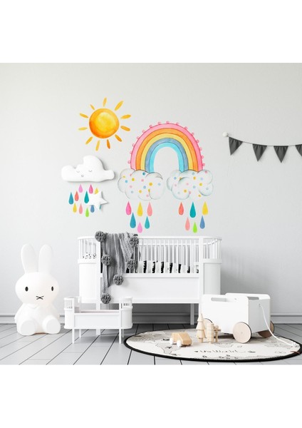Renkli gökkuşağı ve güneş çocuk odası duvar çıkartması, neşeli ve canlı dekor seçeneği modelleri