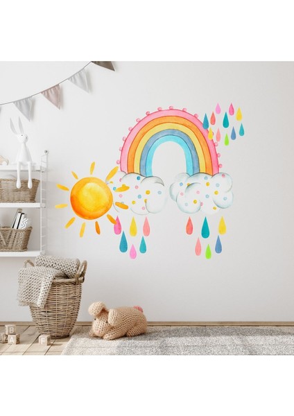 Renkli gökkuşağı ve güneş çocuk odası duvar çıkartması, neşeli ve canlı dekor seçeneği fırsatları