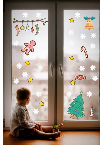 Yılbaşına Özel Renkli Çam Ağacı ve Süsler Duvar Çıkartması, Mutfak Dekorasyonu