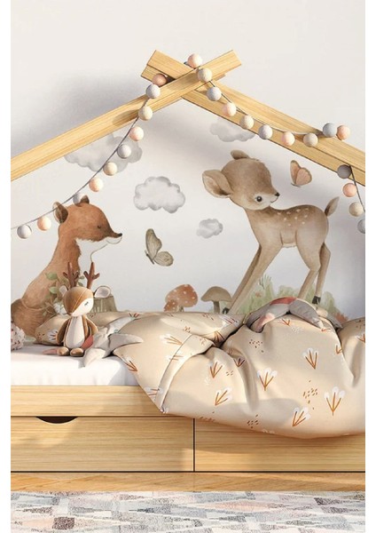 Renkli orman temalı çocuk odası duvar stickerı, sevimli hayvan tasarımı, kahverengi
