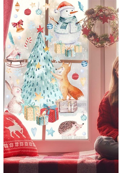 Yılbaşı temalı hayvan figürleri cam ve duvar sticker seti, çok renkli, 5+ parça