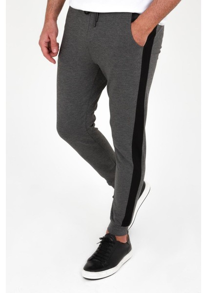 Düz Antrasit Slim Fit Çizgili Erkek Eşofman Altı