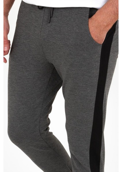 Düz Antrasit Slim Fit Çizgili Erkek Eşofman Altı
