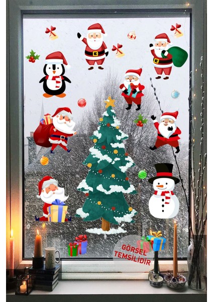 Renkli 23 Parça Yılbaşı Temalı Cam Duvar Sticker Seti, Düz Desen, Çok Renkli