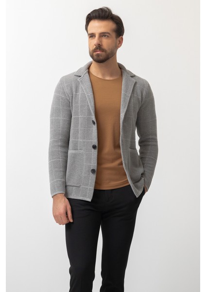 Kareli Gri Renk Torba Cep Slim Fit Erkek Triko Ceket